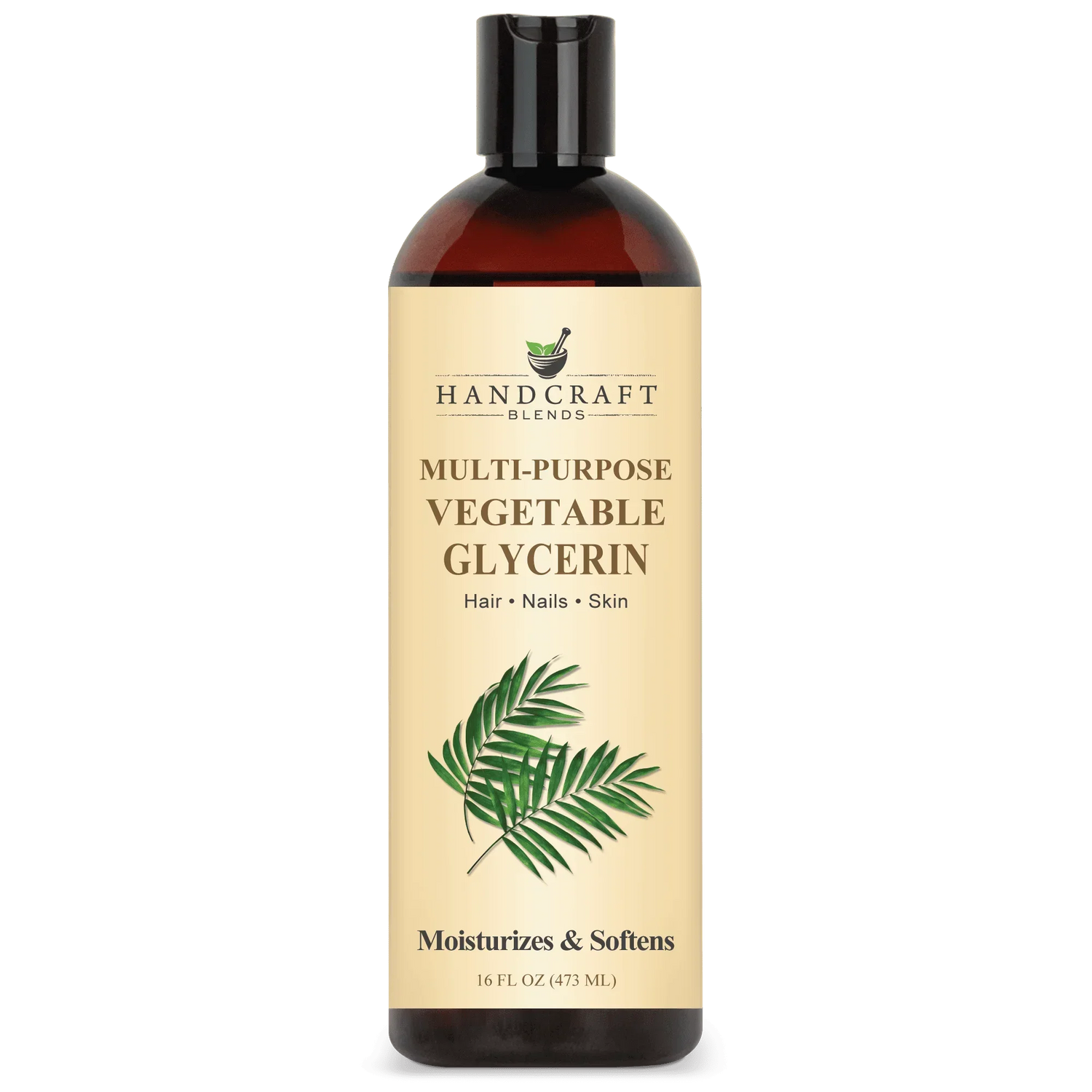 Amber bottle of multi-purpose vegetable glycerin for hair, nails, and skin moisturizing.
