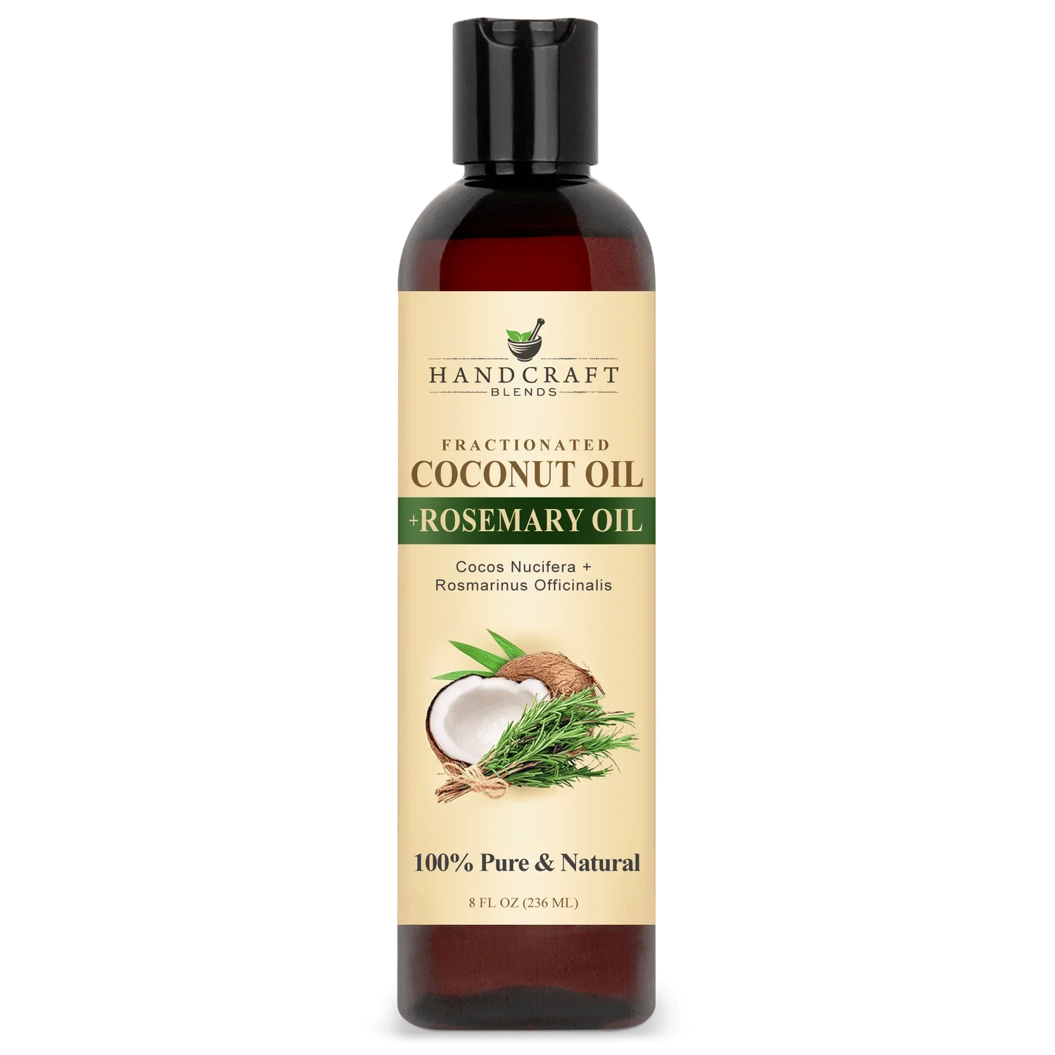 8oz bottle of fractionated coconut oil and rosemary oil, 100% pure and natural, with coconut and rosemary images on label