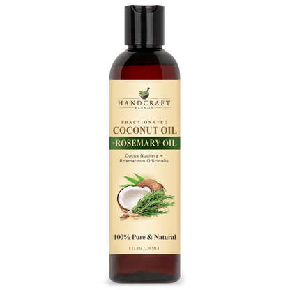 8oz bottle of fractionated coconut oil and rosemary oil, 100% pure and natural, with coconut and rosemary images on label