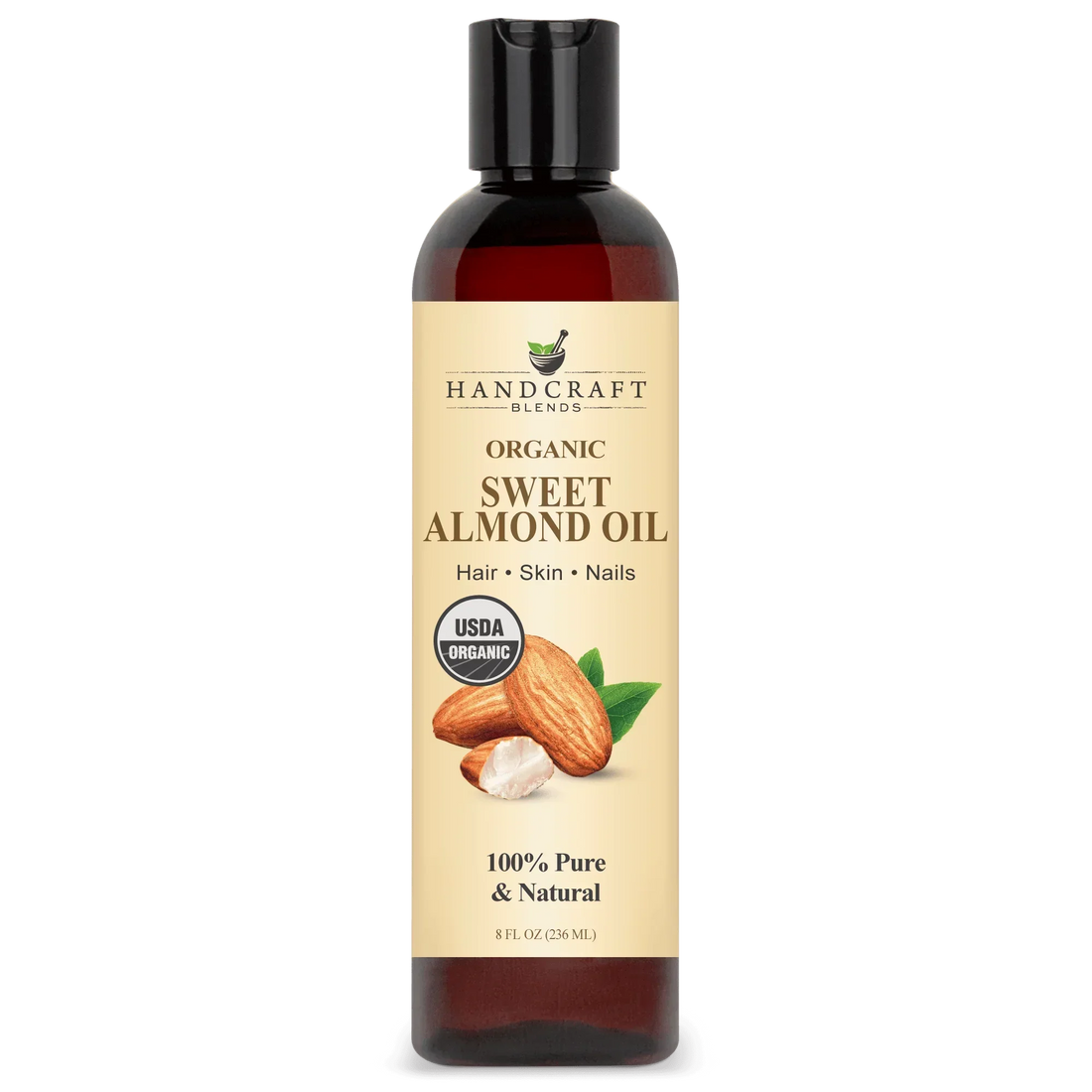 8oz bottle of organic sweet almond oil for hair, skin, nails, USDA certified, pure carrier oil