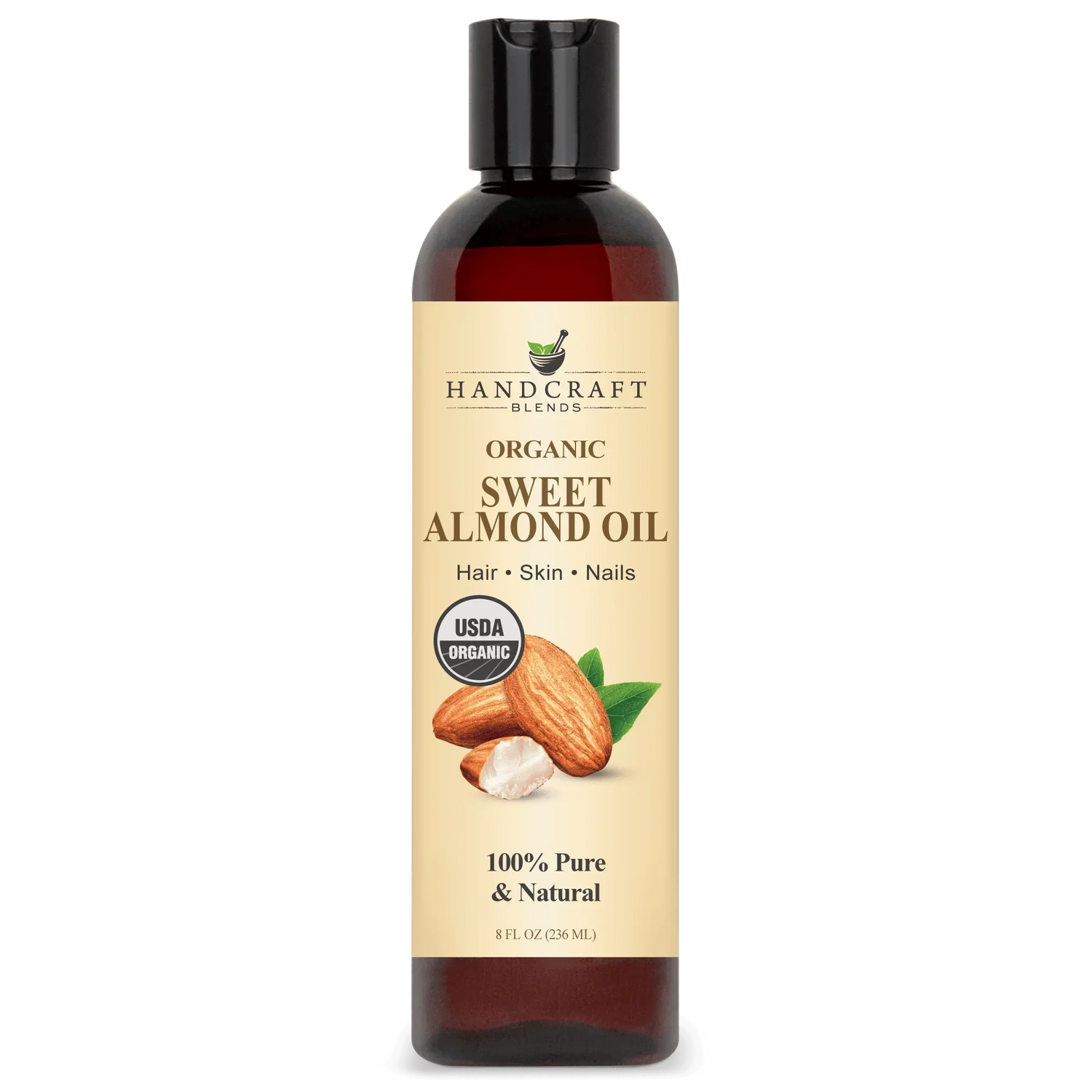 8oz bottle of organic sweet almond oil for hair, skin, nails, USDA certified, pure carrier oil