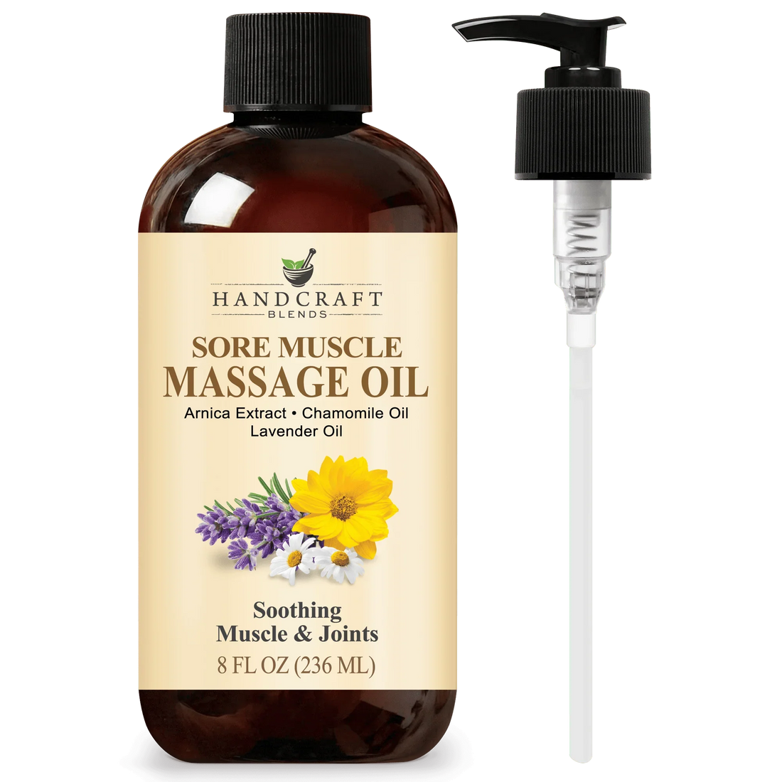 Sore muscle massage oil bottle with arnica, chamomile, lavender oils and pump dispenser