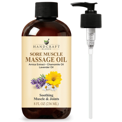 Sore muscle massage oil bottle with arnica, chamomile, lavender oils and pump dispenser