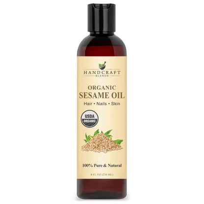 8oz bottle of organic sesame oil for hair, nails, skin with USDA Organic label