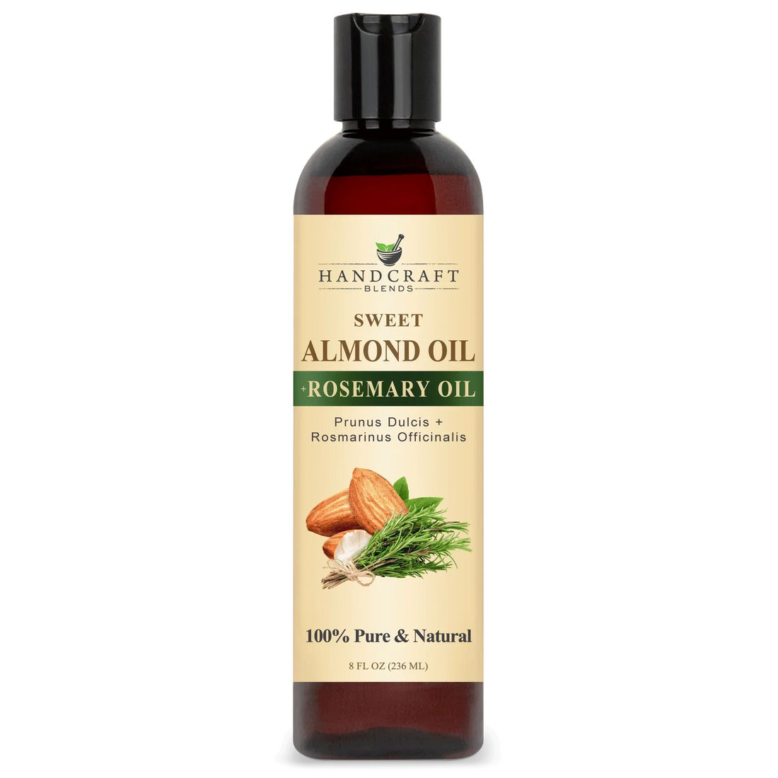 8oz bottle of sweet almond oil with rosemary oil, labeled 100% pure and natural, with almond and rosemary images on label