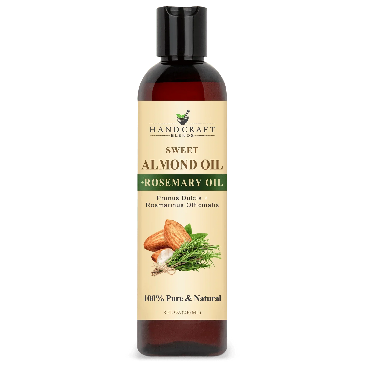 8oz bottle of sweet almond oil with rosemary oil, labeled 100% pure and natural, with almond and rosemary images on label
