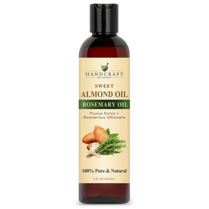 8oz bottle of sweet almond oil with rosemary oil, labeled 100% pure and natural, with almond and rosemary images on label