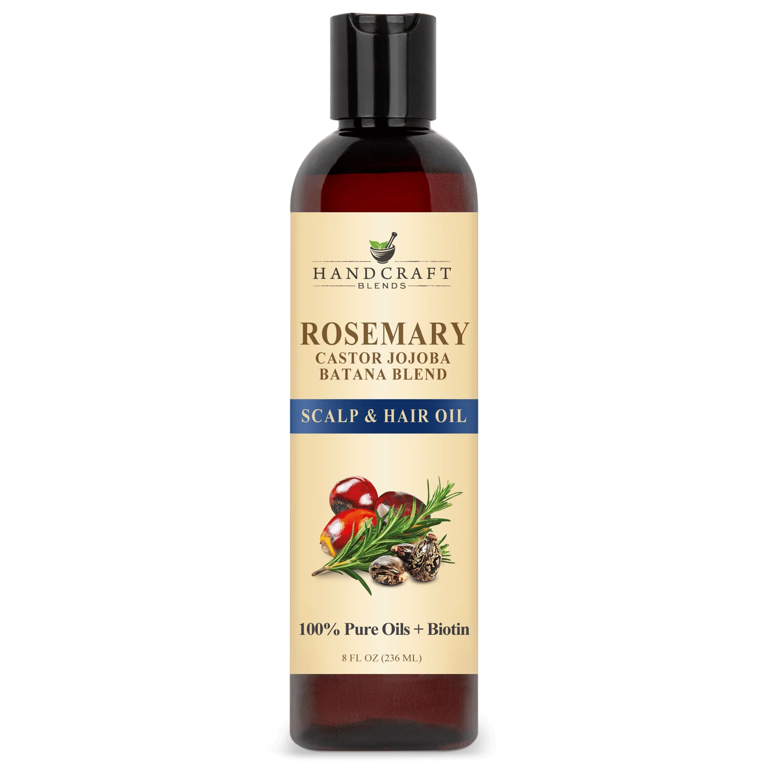Bottle of rosemary castor jojoba batana scalp and hair oil with biotin, 8oz