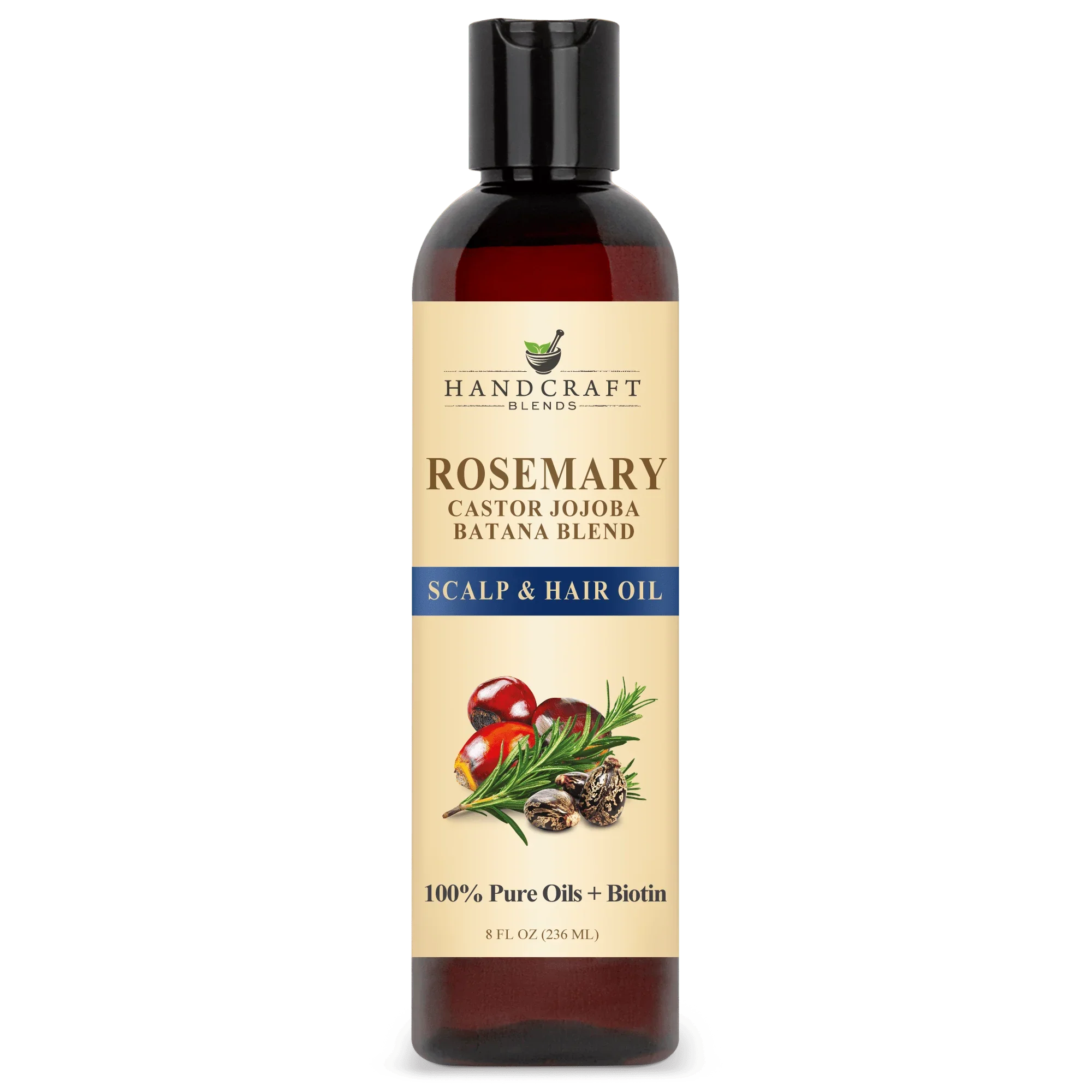 Bottle of rosemary castor jojoba batana scalp and hair oil with biotin, 8oz