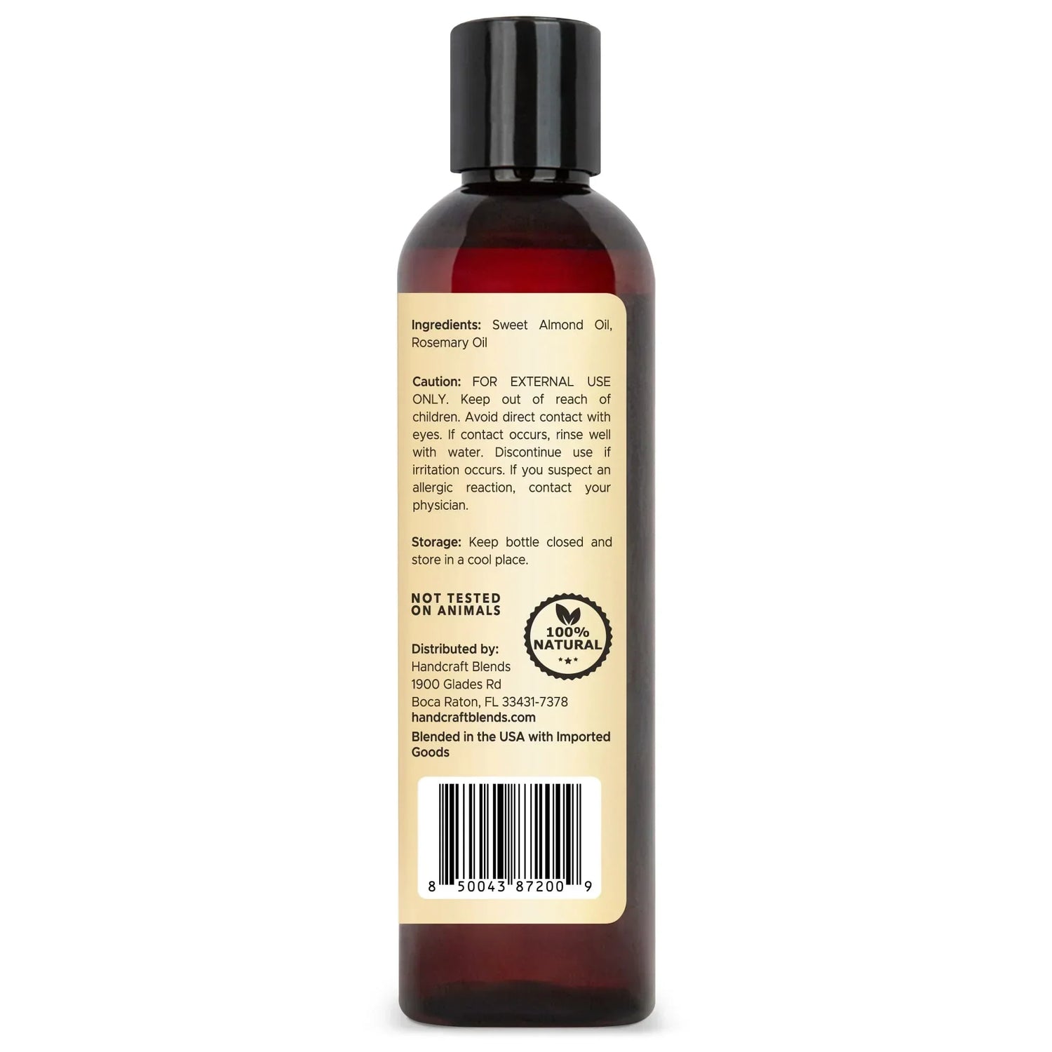 Back label of an 8oz essential oil blend bottle with usage and ingredient details.