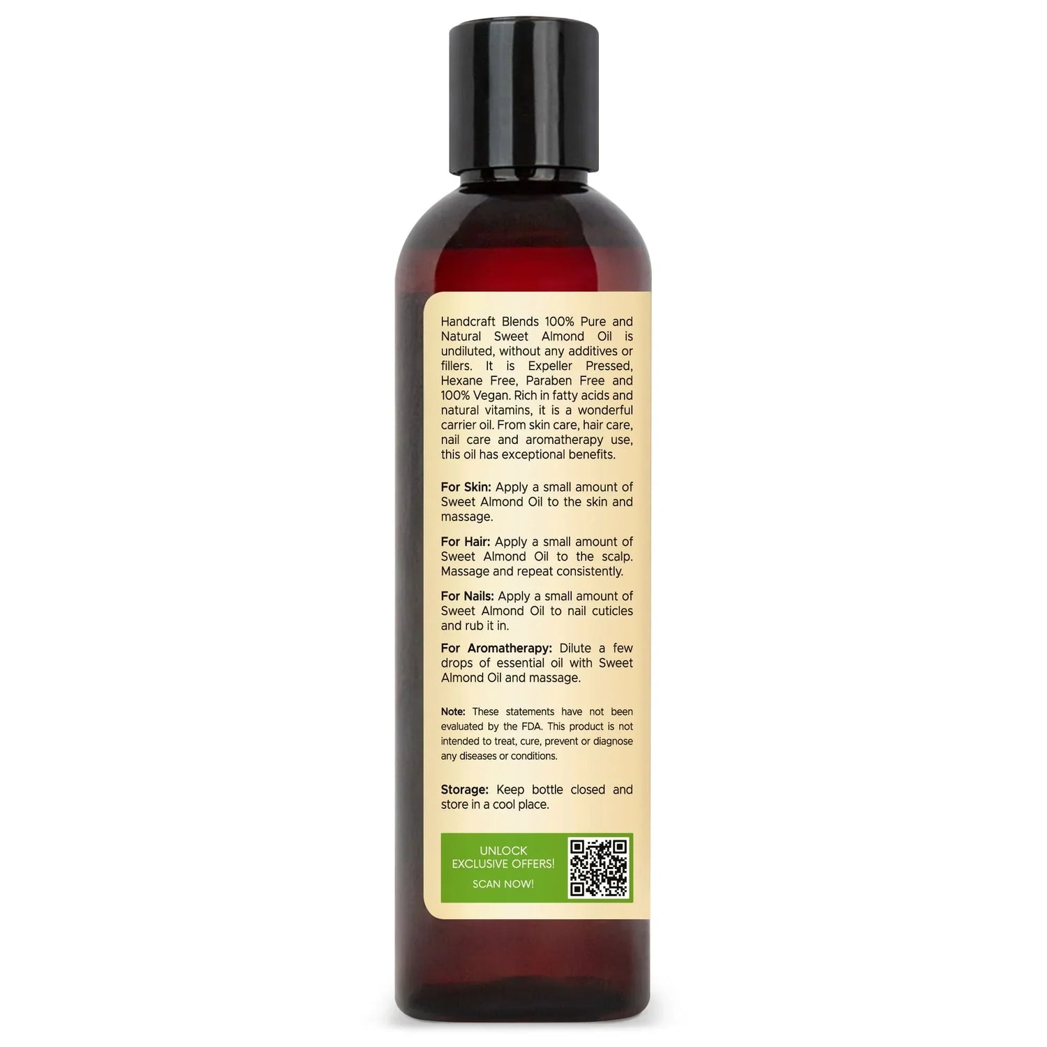 Handcraft Blends Sweet Almond Oil bottle with usage instructions for skin, hair, nails, aromatherapy