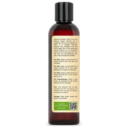 Handcraft Blends Sweet Almond Oil bottle with usage instructions for skin, hair, nails, aromatherapy