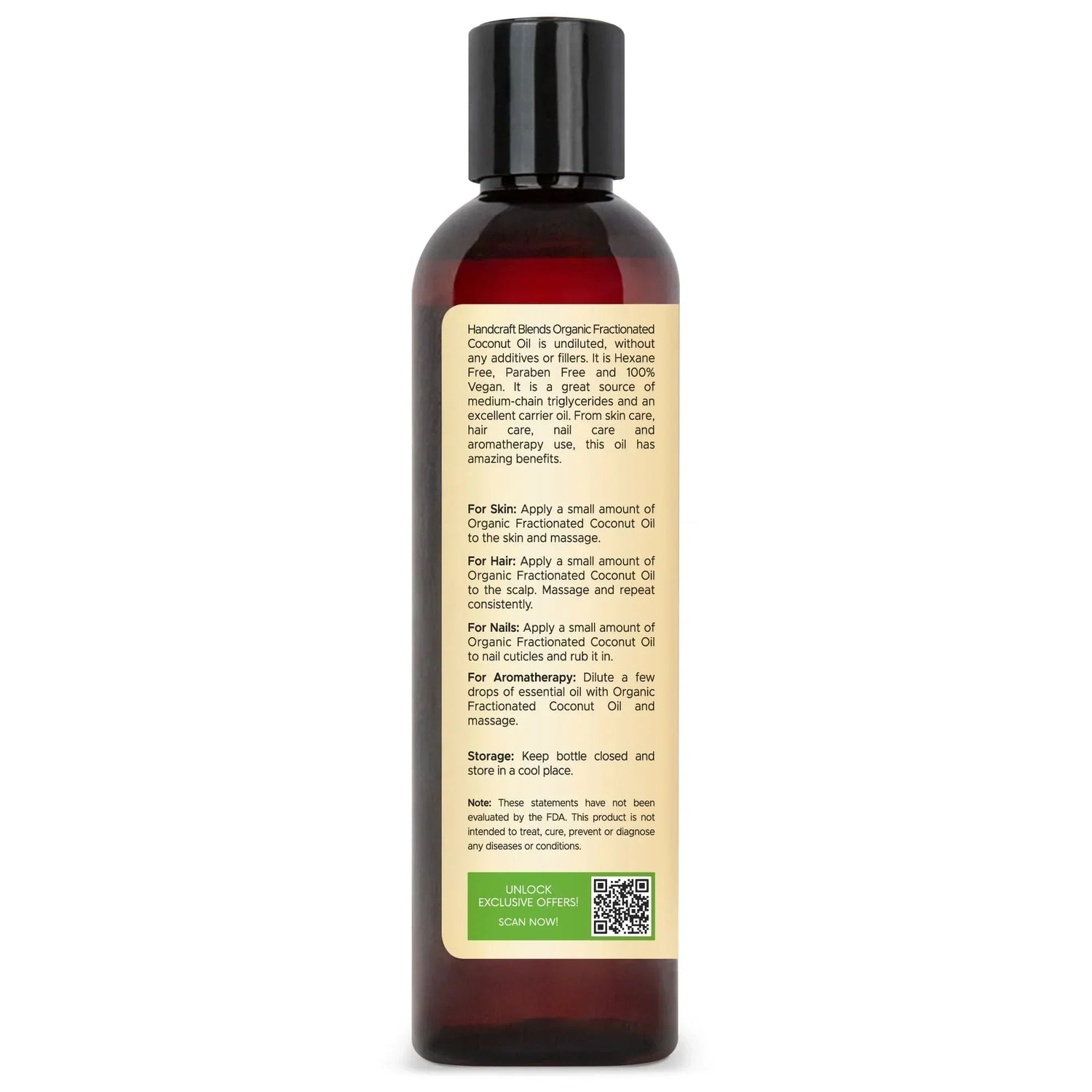 8oz bottle of organic fractionated coconut oil with usage instructions on label