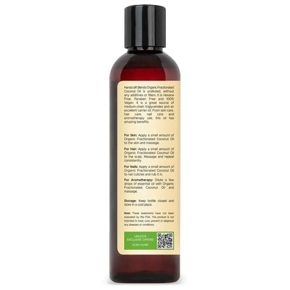 8oz bottle of organic fractionated coconut oil with usage instructions on label