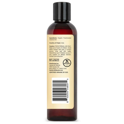 8oz bottle of organic fractionated coconut oil with ingredient and origin label