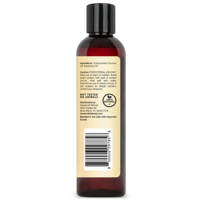 Brown plastic bottle with ingredient and caution label for coconut and rosemary oil blend.