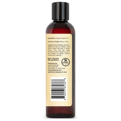 8oz bottle of organic sesame oil with ingredient label and barcode, amber plastic packaging