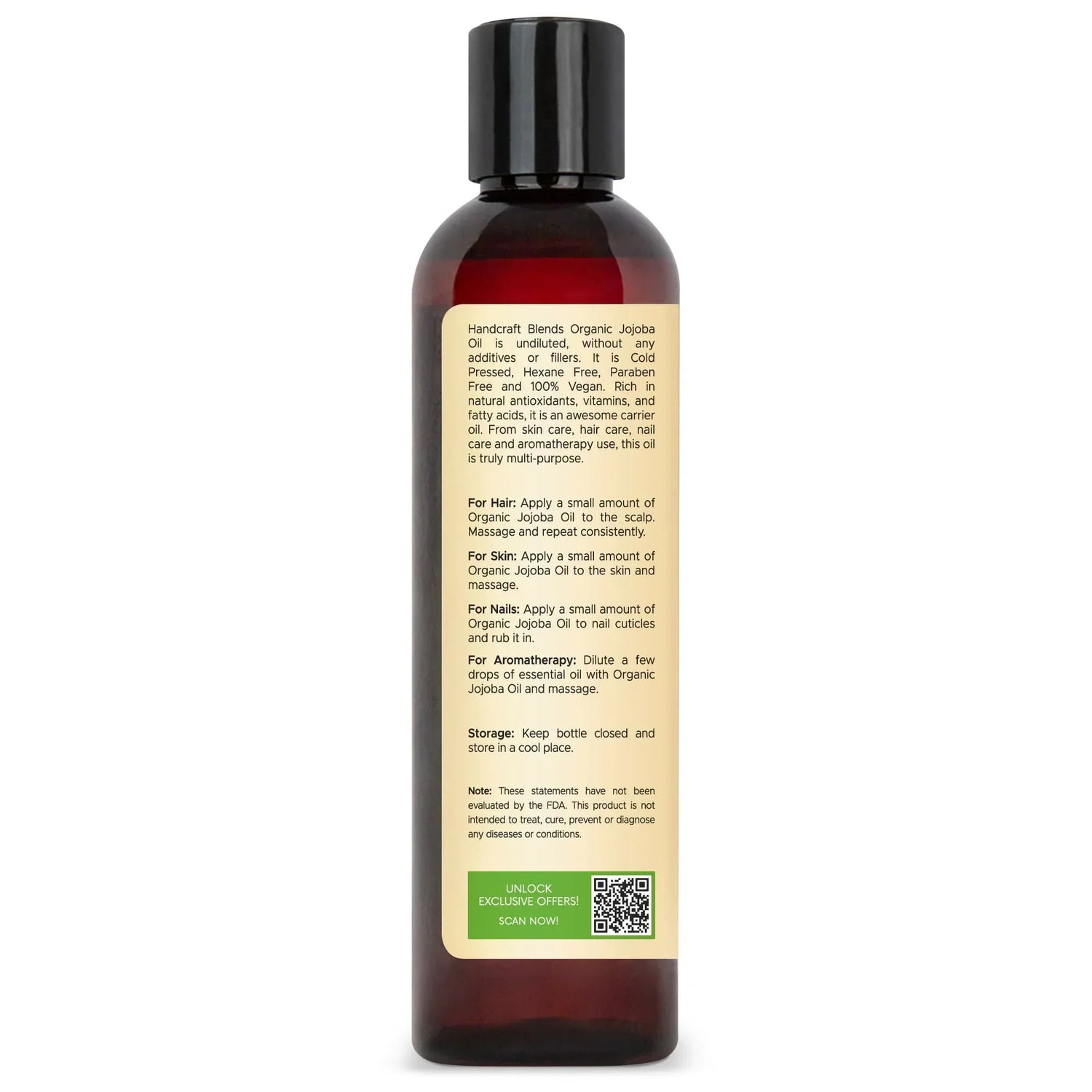 Handcraft Blends bottle of organic jojoba oil with product usage instructions label