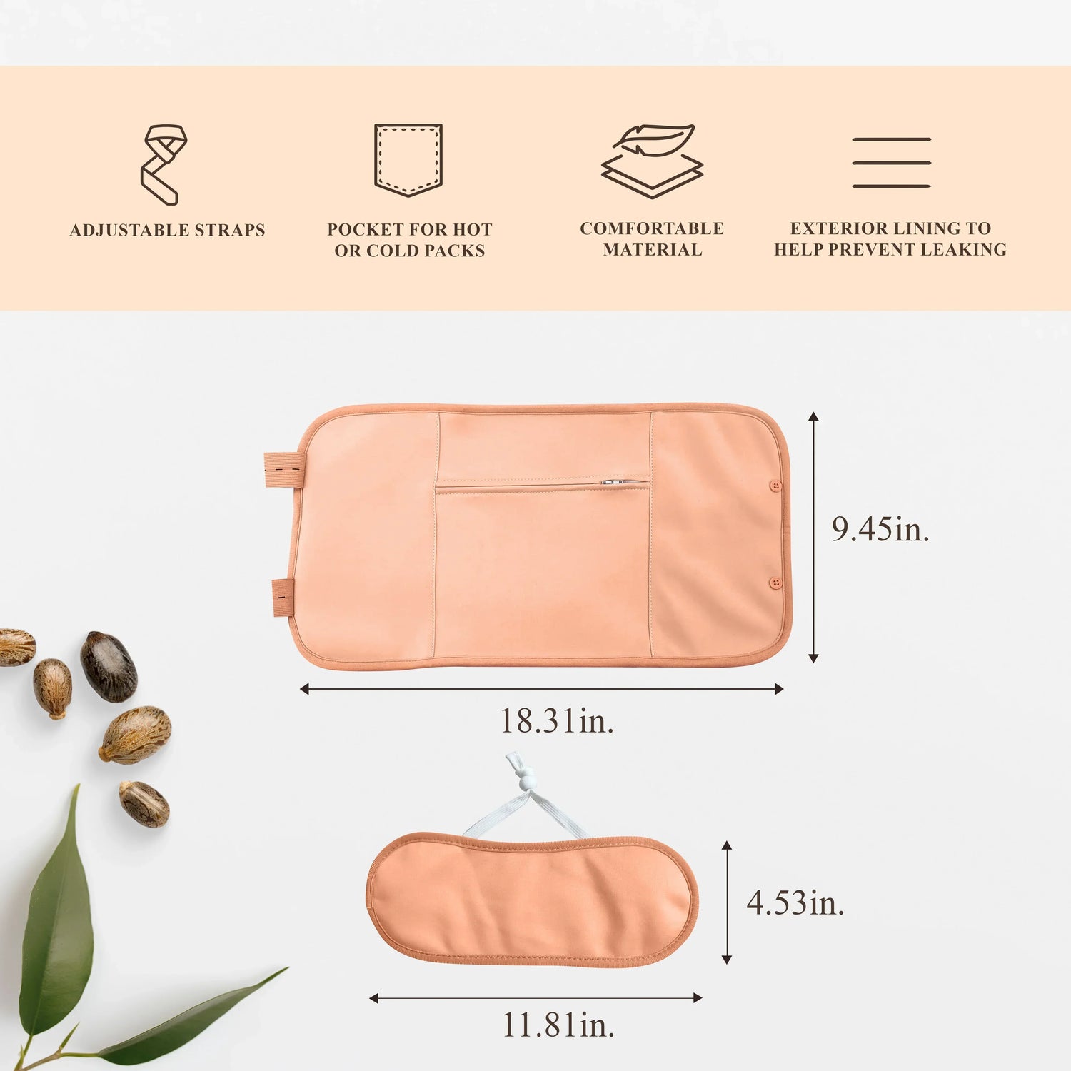 Peach-colored castor oil pack with adjustable straps, pocket, soft material, and exterior lining, shown with size dimensions.