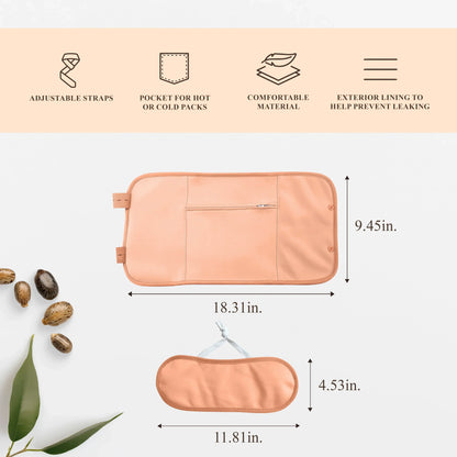 Peach-colored castor oil pack with adjustable straps, pocket, soft material, and exterior lining, shown with size dimensions.