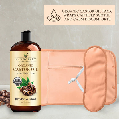 Organic castor oil bottle with pink castor oil pack wrap and eye mask for soothing and calming discomforts.