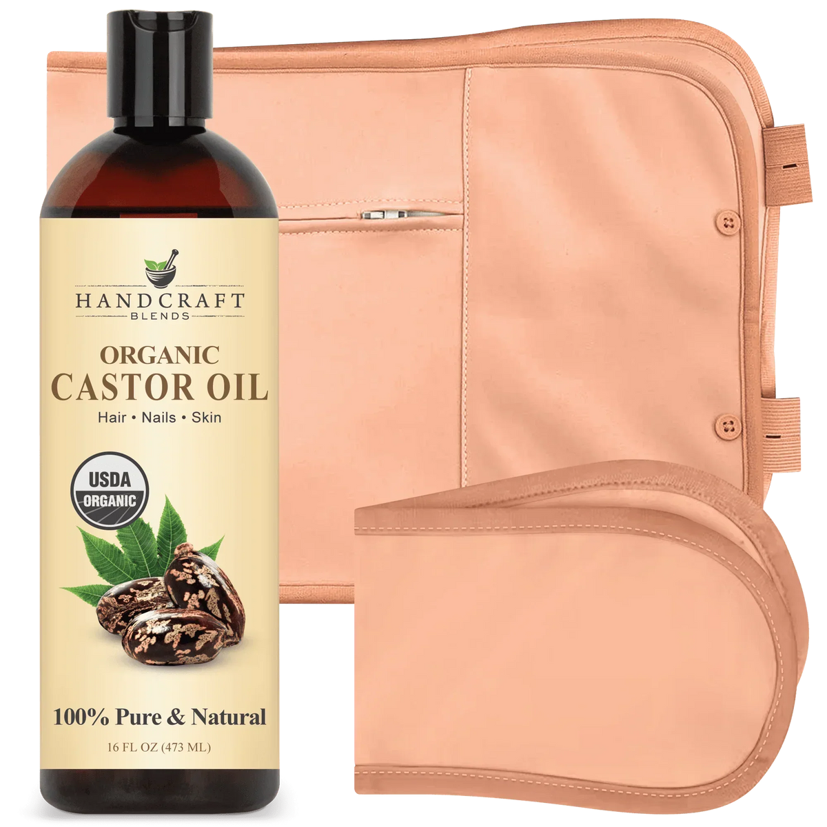 Organic castor oil bottle with peach reusable pack wrap, natural carrier oil set