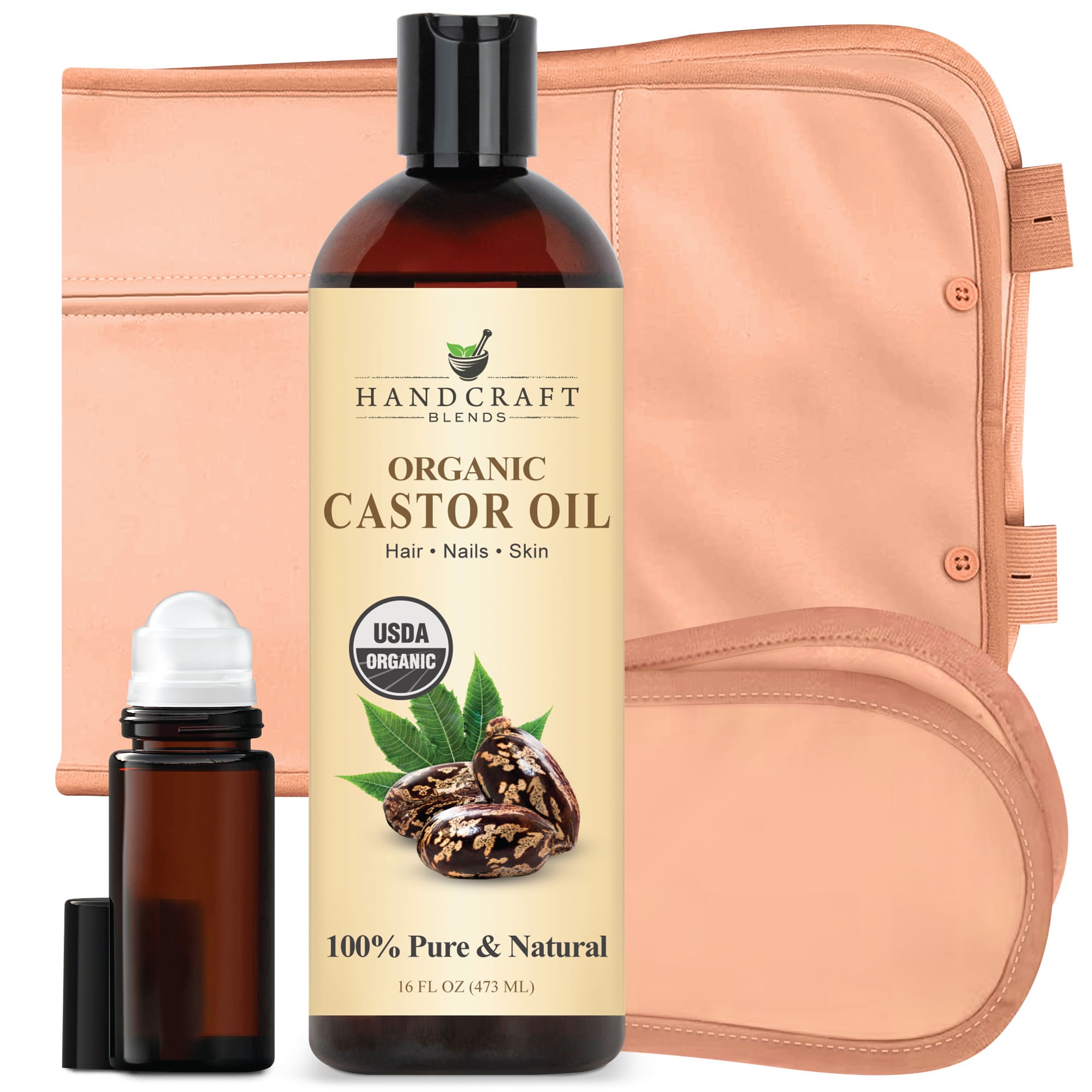 Organic Castor Oil Pack Wrap with Roll on Bottle front view