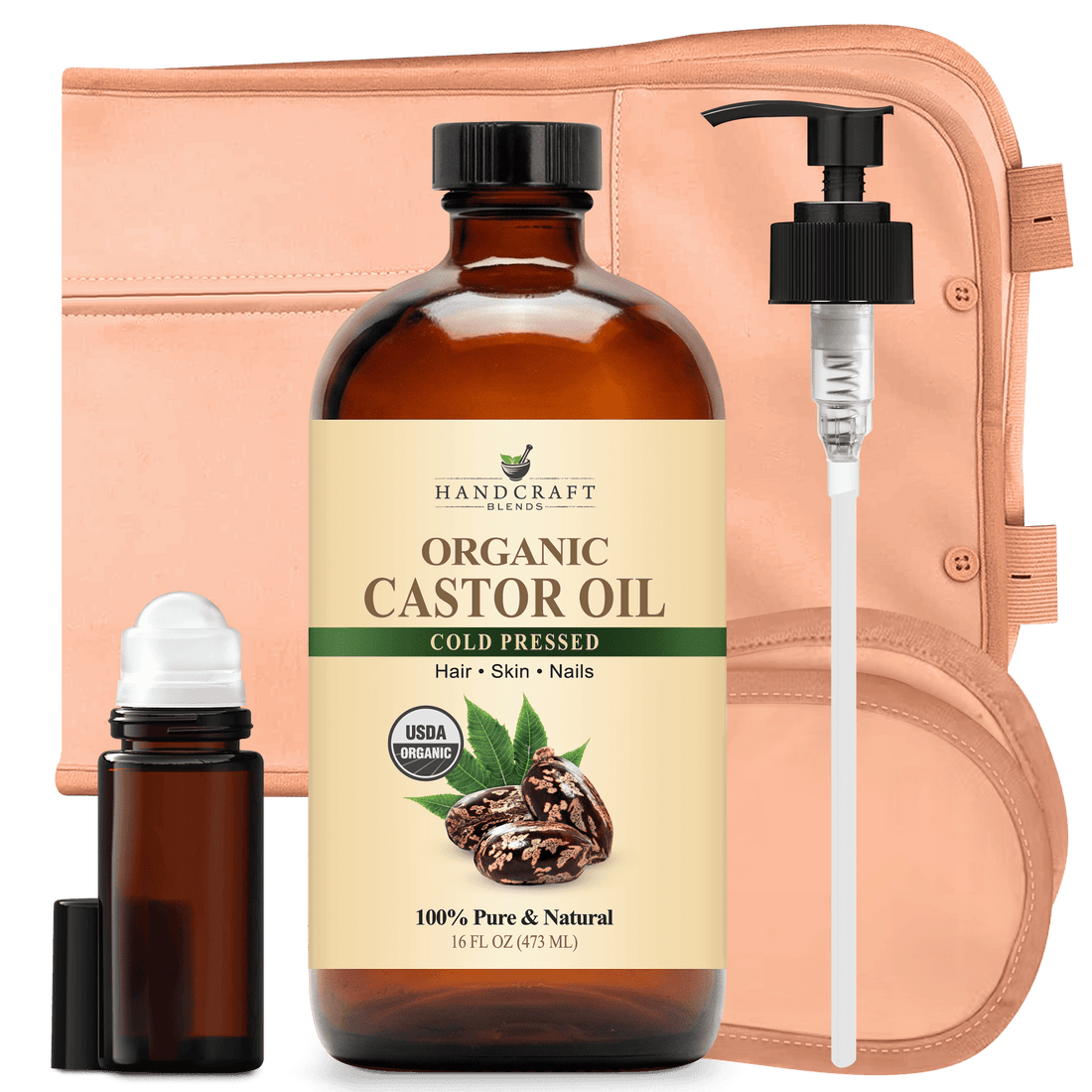 Organic castor oil bottle with pump, roll-on bottle, and beige wrap for hair, skin, nails.