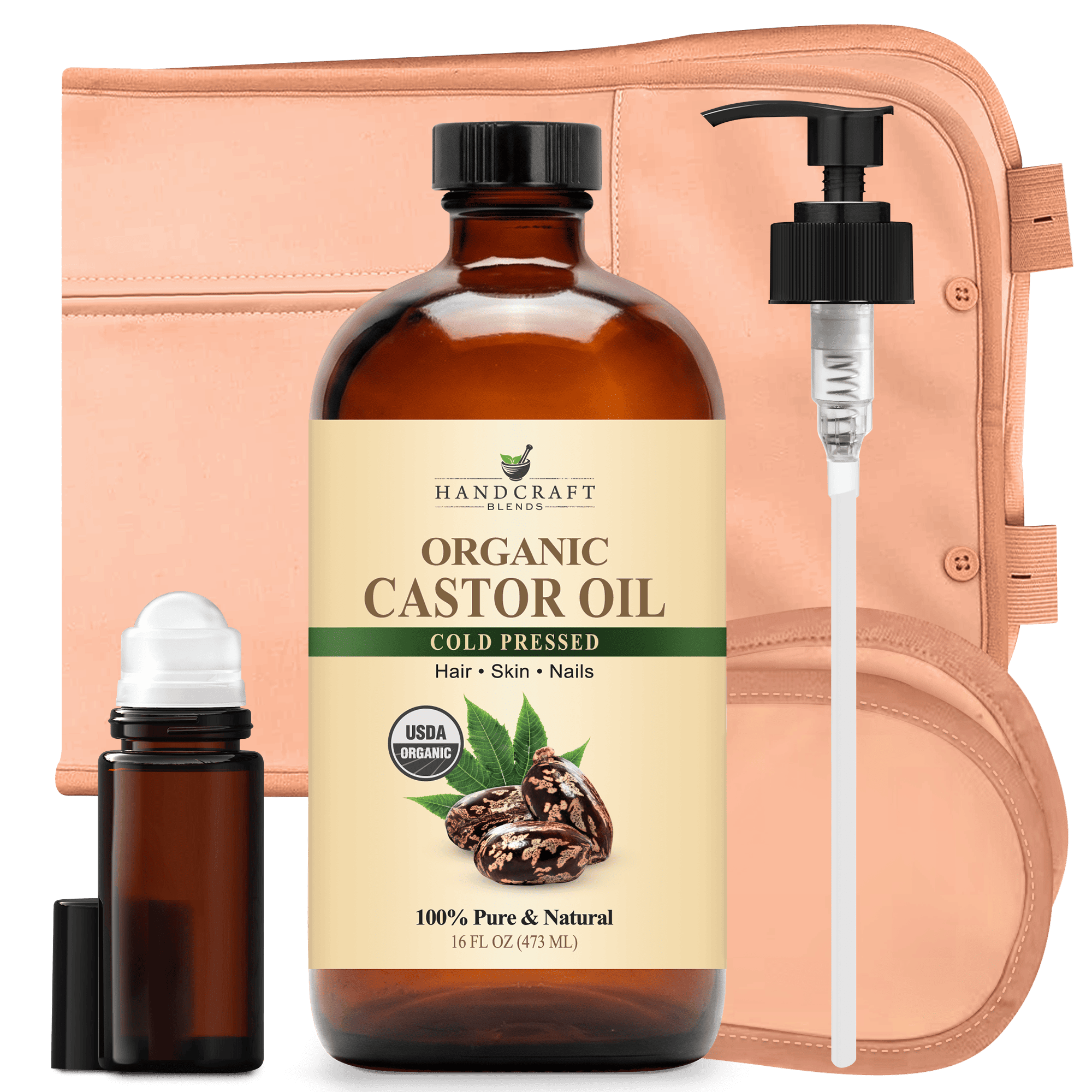 Organic castor oil bottle with pump, roll-on bottle, and beige wrap for hair, skin, nails.