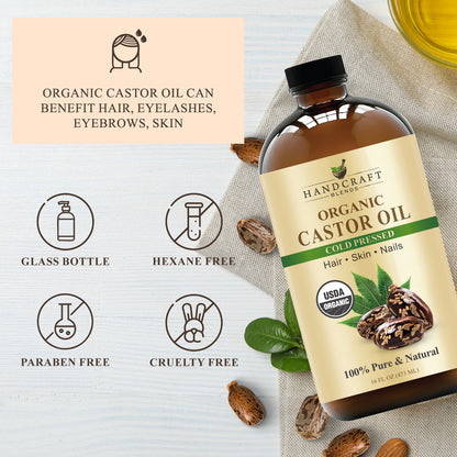Organic castor oil bottle for hair, skin, and nails, with icons showing glass bottle, hexane free, paraben free, cruelty free.