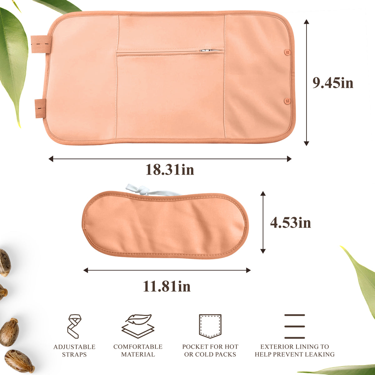 Peach-colored castor oil pack wraps with zipper pocket, adjustable straps, and size dimensions