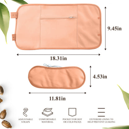 Peach-colored castor oil pack wraps with zipper pocket, adjustable straps, and size dimensions