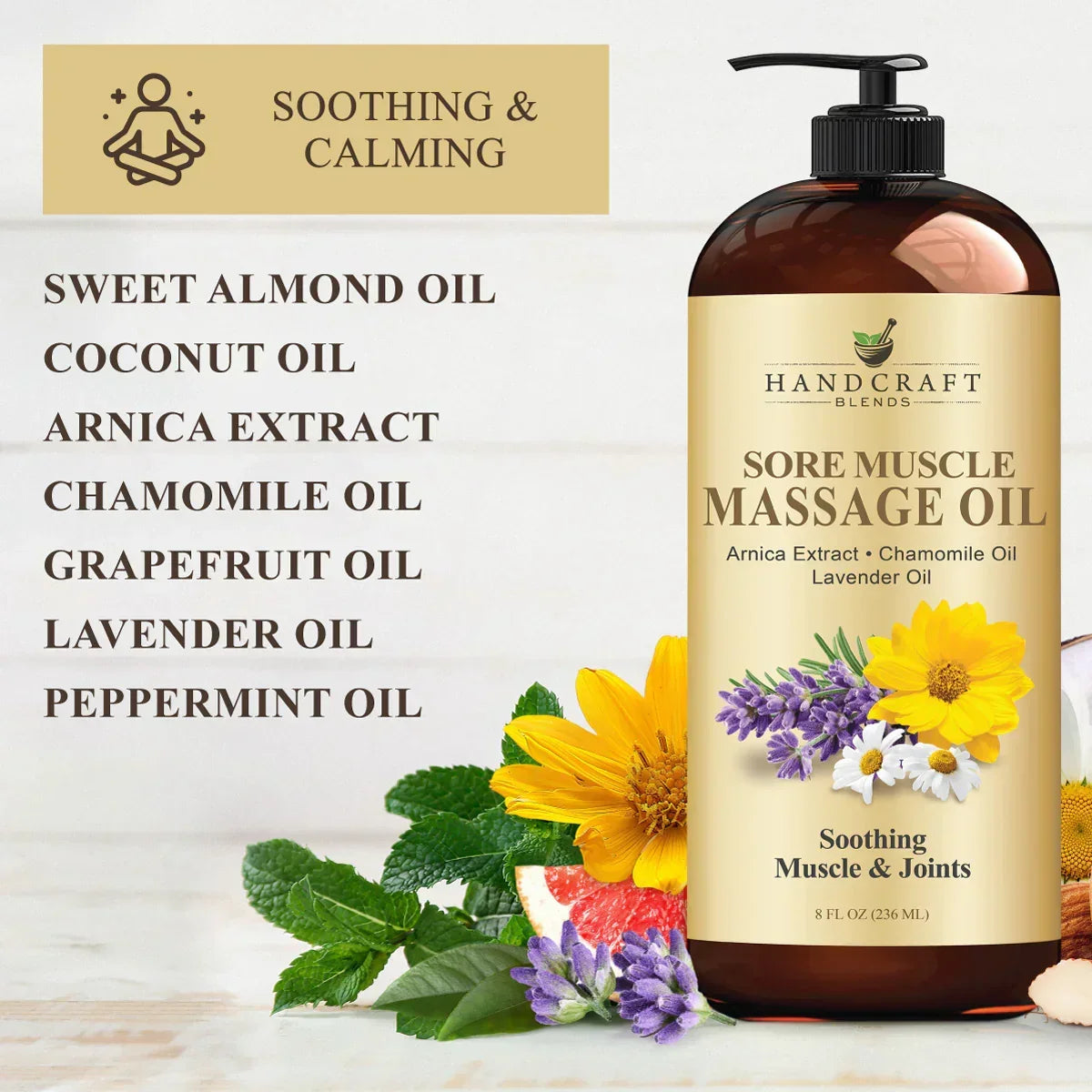 Sore muscle massage oil bottle with herbal ingredients and soothing muscle and joint benefits.
