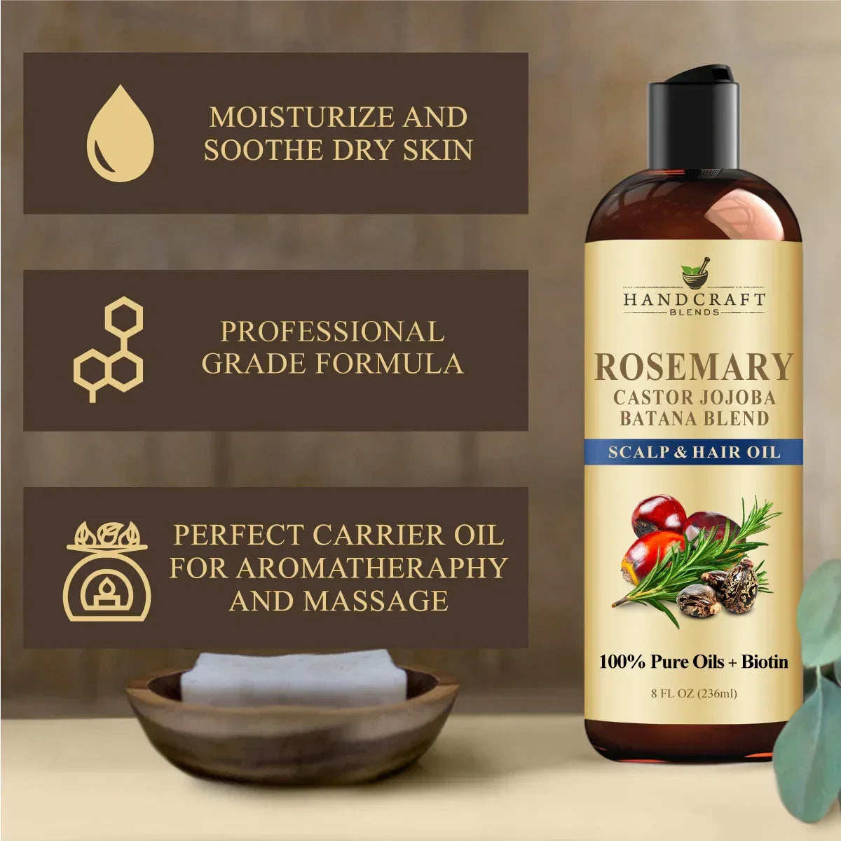 Rosemary hair oil bottle with castor and jojoba, scalp and hair oil for aromatherapy and massage