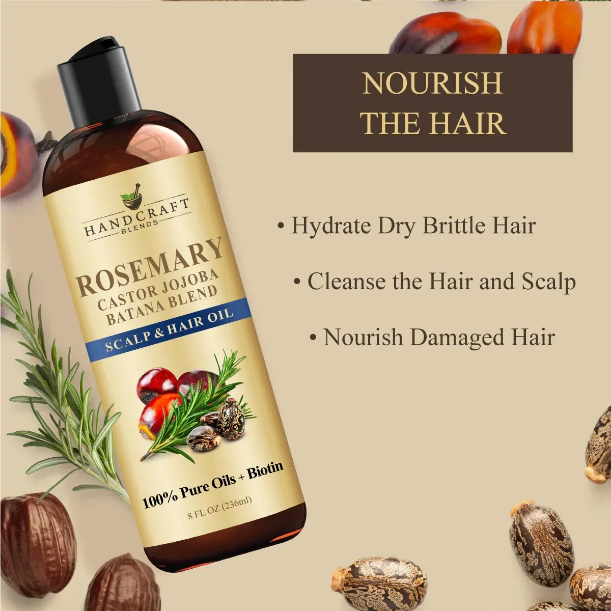 Rosemary castor jojoba batana scalp and hair oil bottle with natural ingredients and benefits listed.