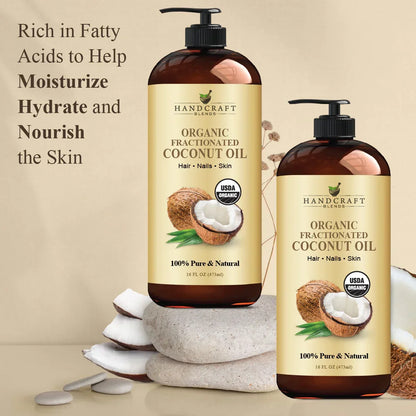 Two bottles of organic fractionated coconut oil for hair, nails, and skin, with coconut slices and spa stones.