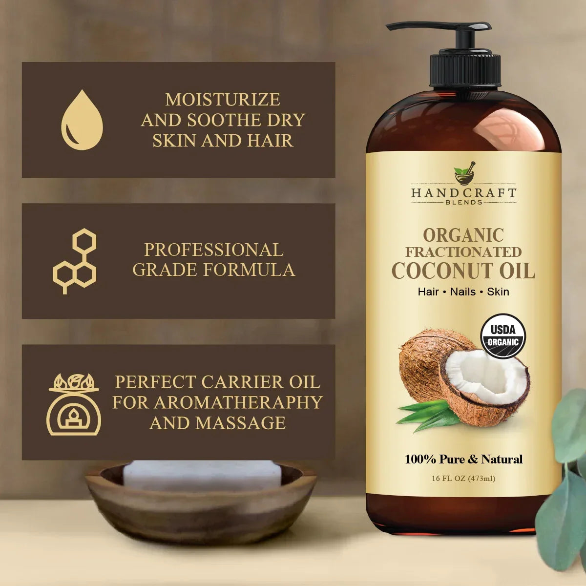 Organic fractionated coconut oil bottle for skin, hair, massage, and aromatherapy use