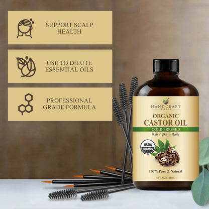 Organic castor oil bottle with mascara wands, benefits for scalp, essential oils, nails and hair.