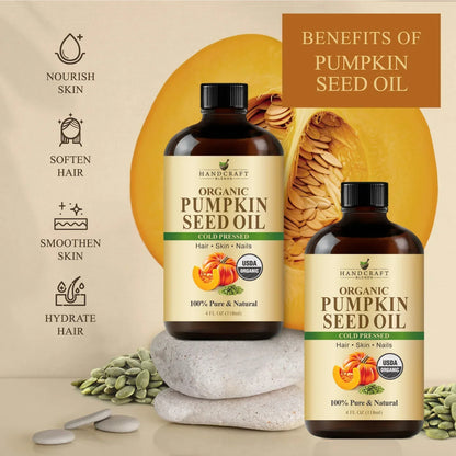Organic pumpkin seed oil bottles with pumpkin and seeds, benefits for hair and skin displayed.