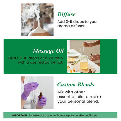Essential oil uses showing diffuser, mixing with carrier oil for massage, and custom blend prep.