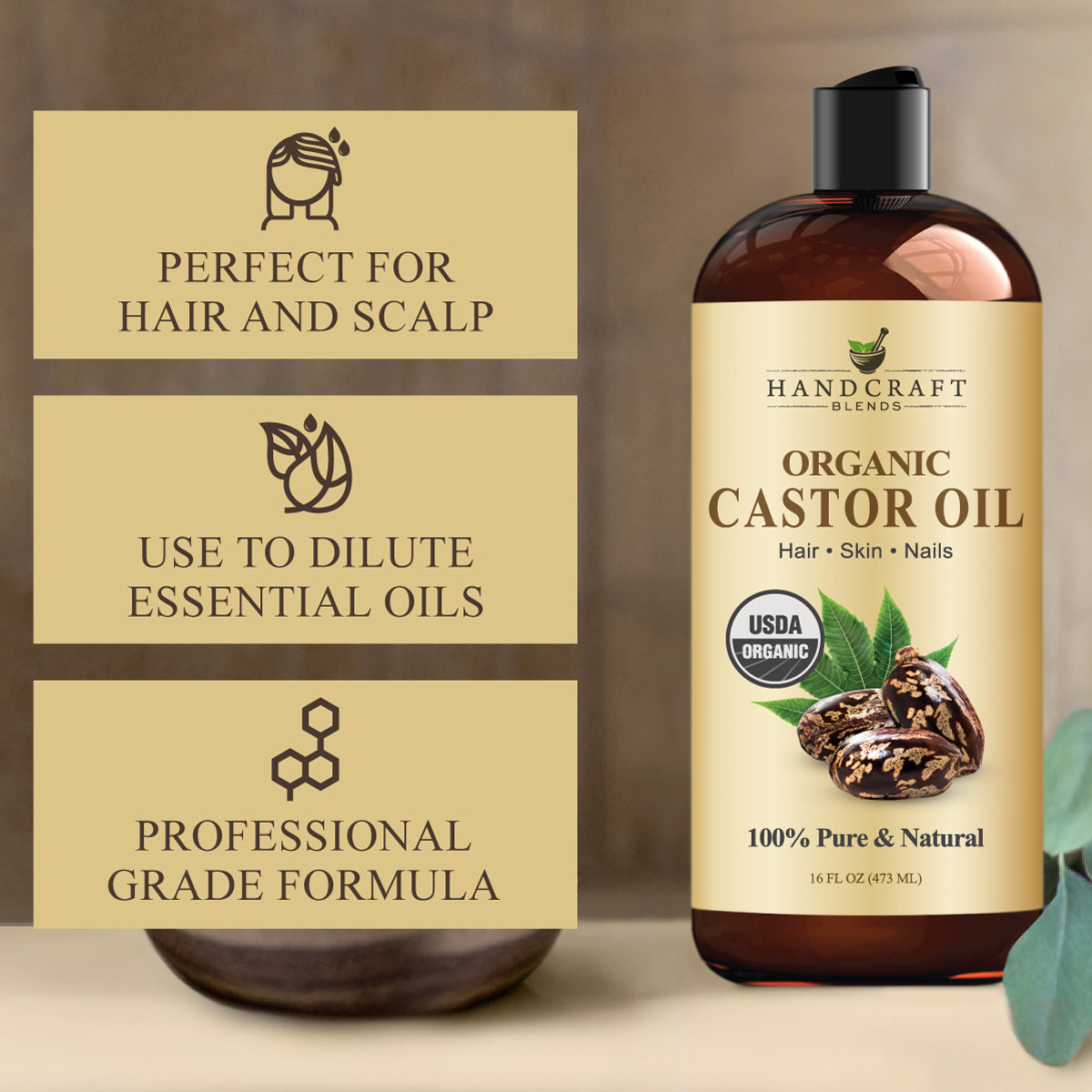 16oz bottle of organic castor oil for hair, skin, and nails with product benefits listed