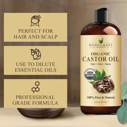 16oz bottle of organic castor oil for hair, skin, and nails with product benefits listed