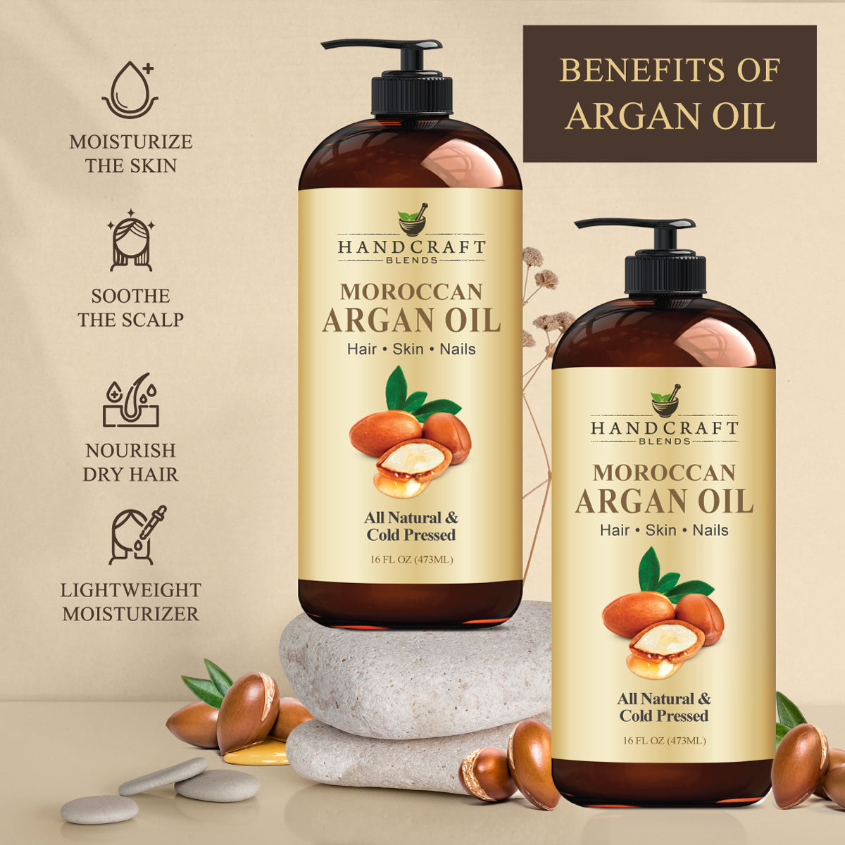 Moroccan argan oil bottles for hair, skin, nails with moisturizing and nourishing benefits
