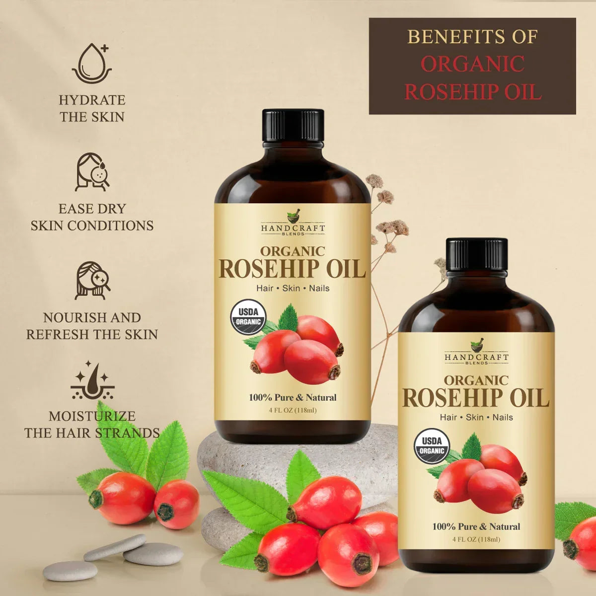 Two bottles of organic rosehip oil with rosehips, highlighting hydrating and moisturizing benefits for skin and hair.