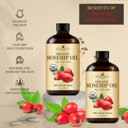 Two bottles of organic rosehip oil with rosehips, highlighting hydrating and moisturizing benefits for skin and hair.