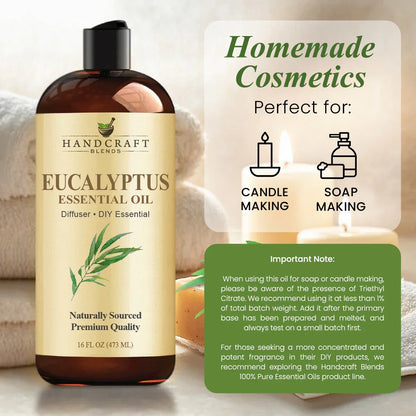 Eucalyptus essential oil bottle for DIY, candle making, and soap making, with towels and candles.