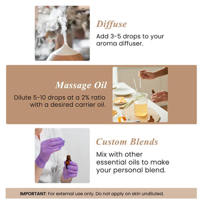 How to use essential oils: diffuser, massage oil with carrier oil, and custom blends.