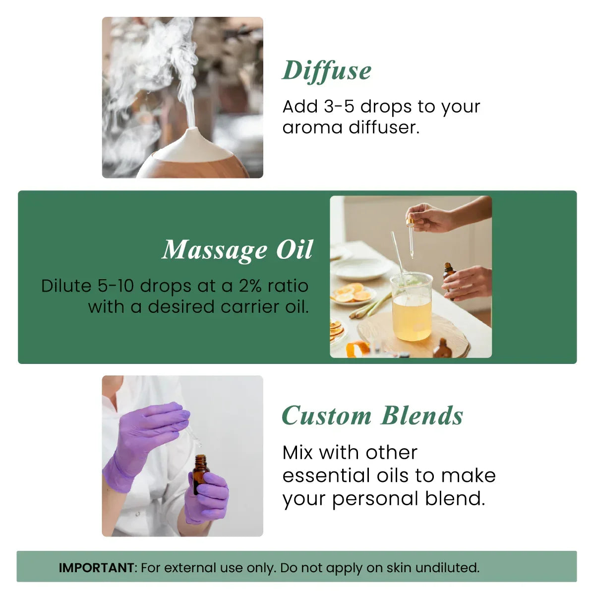 Essential oil usage guide showing diffuser, massage oil, and custom blending methods