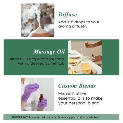 Essential oil usage guide showing diffuser, massage oil, and custom blending methods