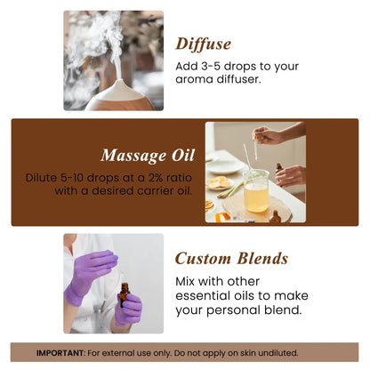 Instructions for using sandalwood essential oil as diffuser, massage oil, and custom blends.